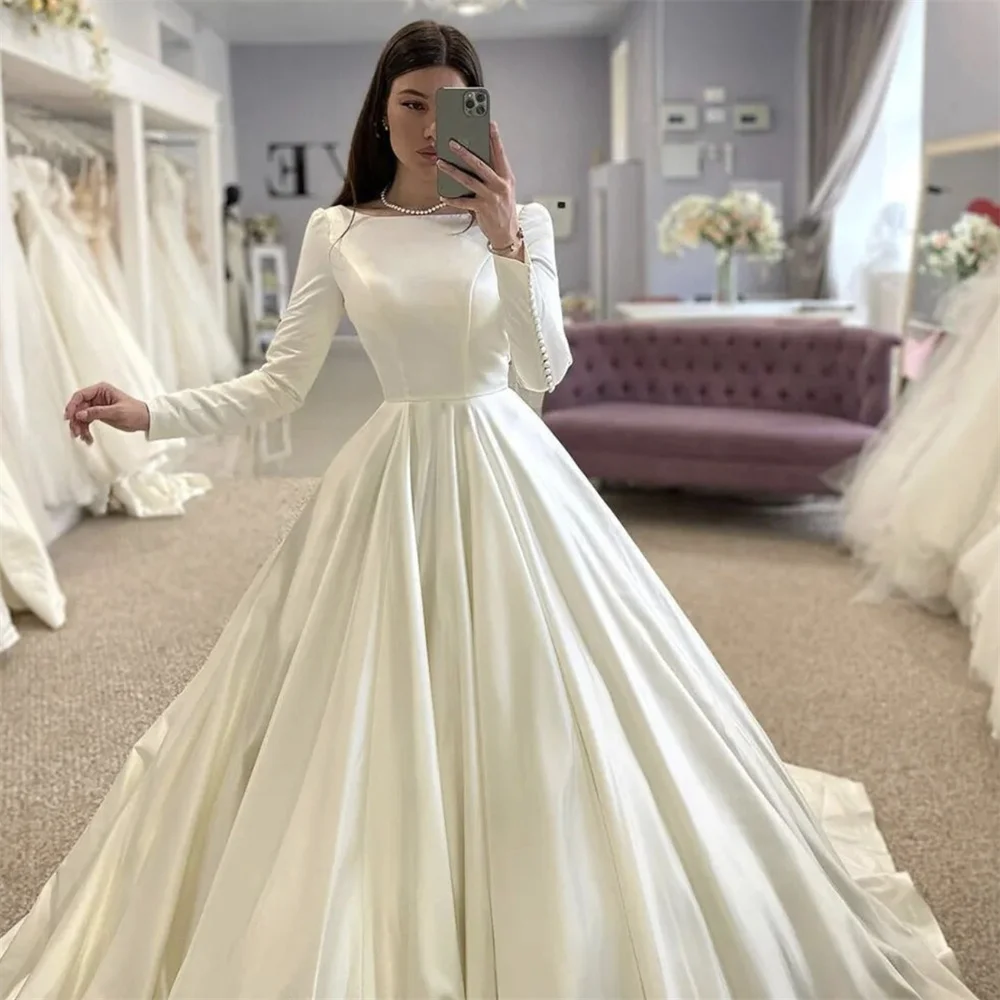 Amanda Satin Langarm Ballkleid Brautkleid bescheidenes Elfenbein Vestidos de Novia Seiden satin فستان الزفاف