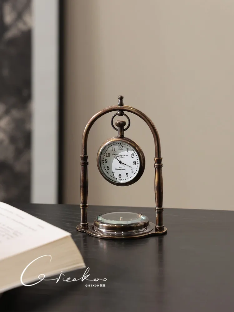 Living Room Desk, Imported Brass Vintage Style, Compass Pedestal Clock Stand, Clock Decoration, Desktop Entryway Ornament