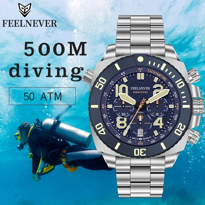 FeelNever Sport Automatic Mechanical Watch Stainless Steel Sapphire Crystal Watches Men Dive 500M Waterproof Clocks Reloj Hombre