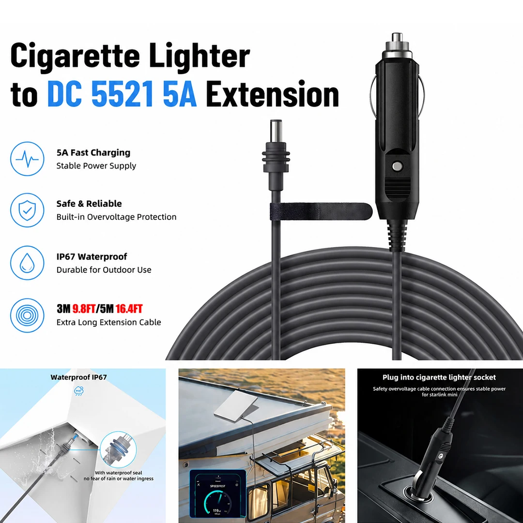 

Cigarette Lighter to DC 5521 5A Extension Cable Outdoor Accessories Waterproof 3m 5m Power Cord For Starlink Mini Car Charger