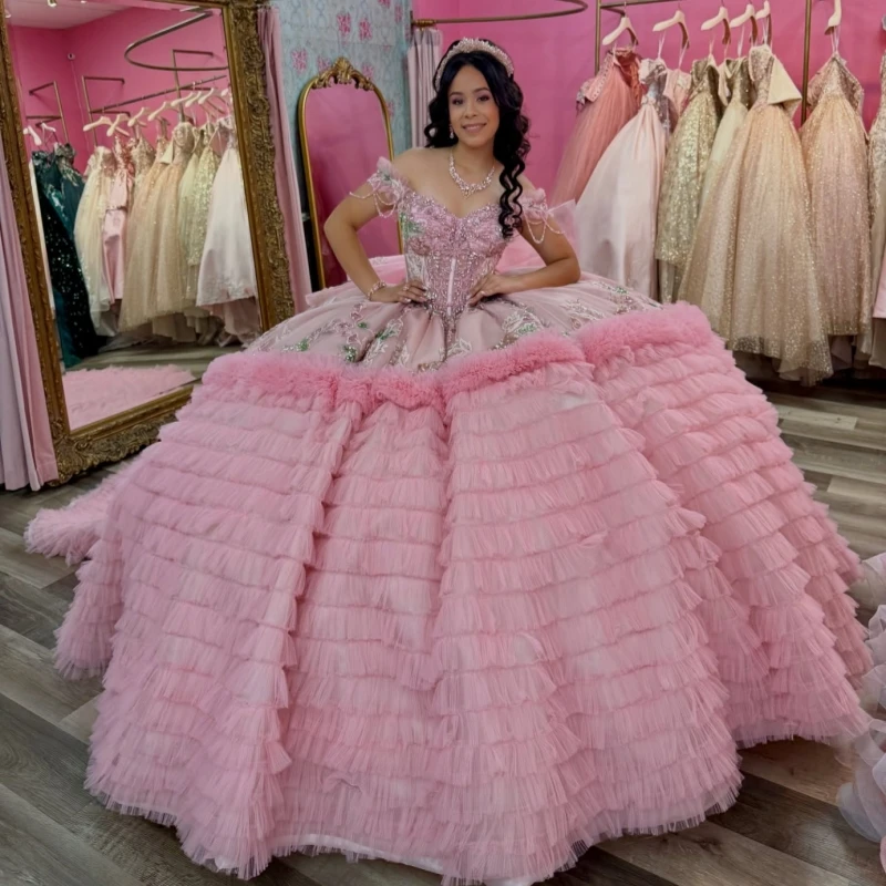 

Pink Shiny Quinceanera Dresses Off The Shoulder Sequin Applique Lace Beading Crystal Bow Tiered Tull Corset Party Birthday Sweet