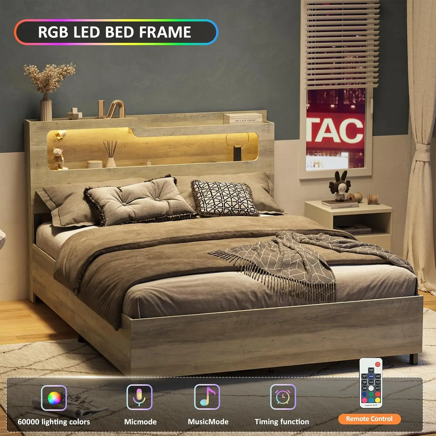 إطار سرير تخزين قابل للرفع بحجم كوين، إطار سرير بمنصة خشبية من اللوح الأمامي بطبقتين مع وحدة تخزين رفع ومحطة شحن