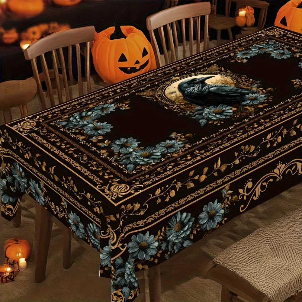 VIKAMA Gothic Black Gold Raven Daisy Tablecloth Victorian Style Velvet Texture for Dining Room Aesthetic Decor