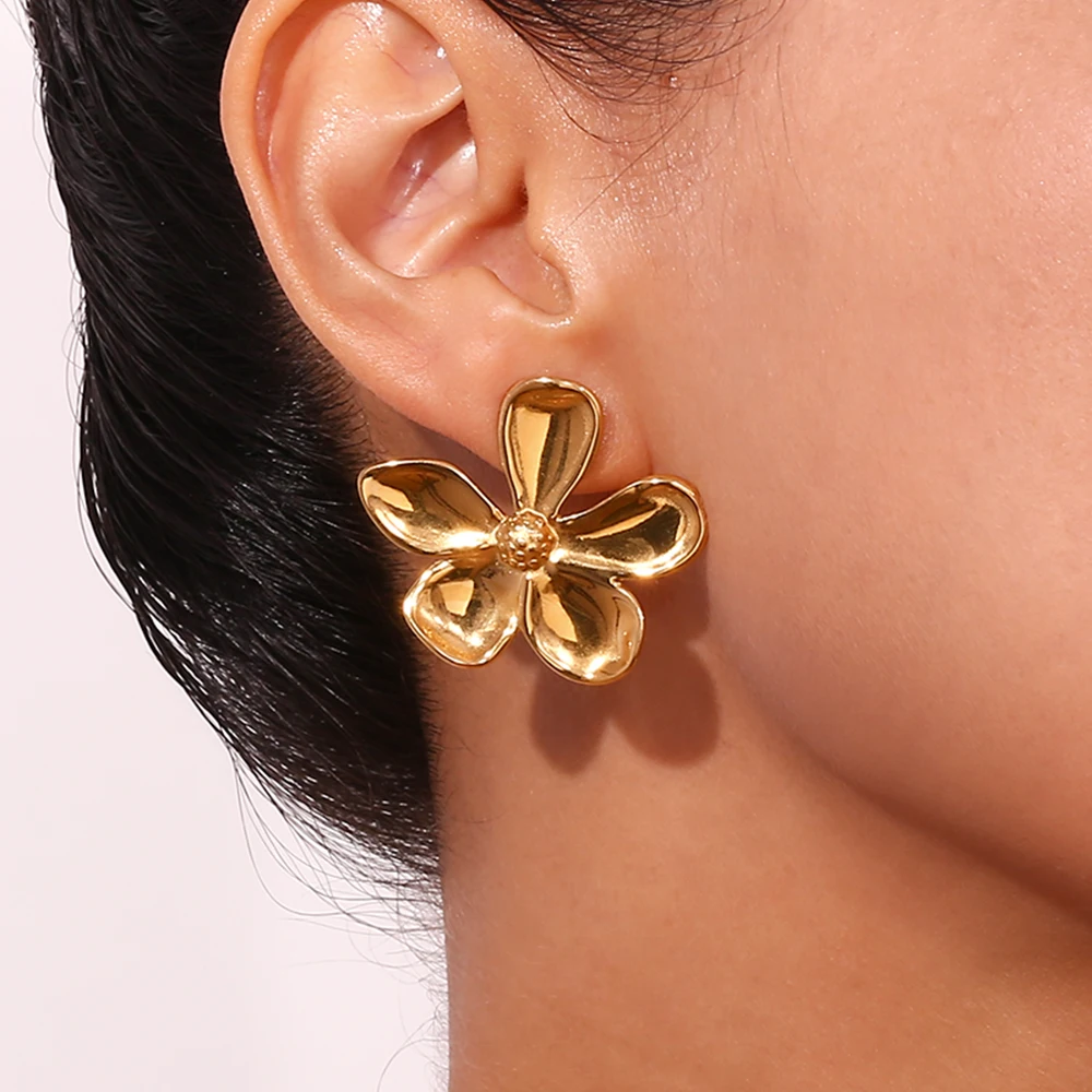 Smooth Petal Flower Stud Earrings Tarnish Free 316L Stainless Steel Women's Earrings 18K Gold Plated Accessories