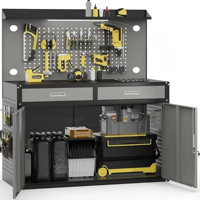 65 Industrial Strength Workbench with Drawers, Lockable Cabinet, Pegboard, and Adjustable LED Light for Workshops