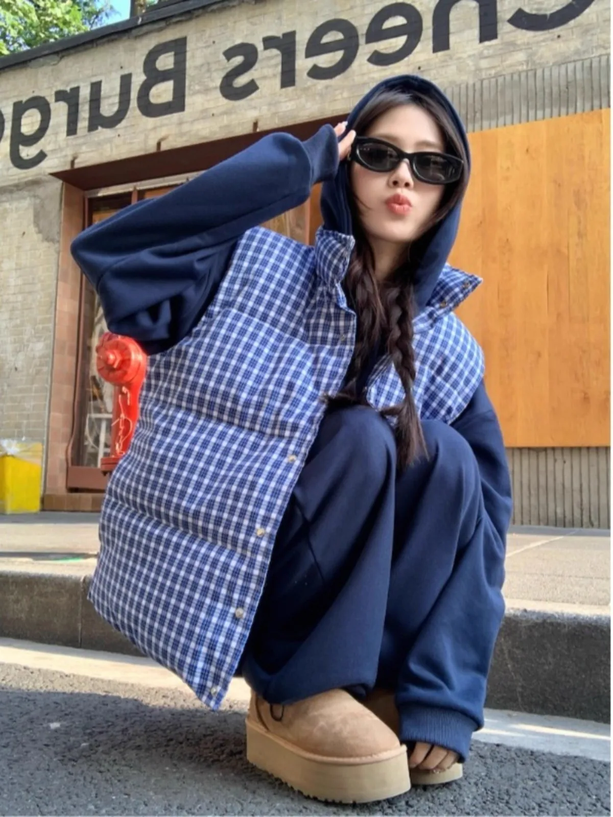 

Корейский синий клетчатый повседневный хлопковый жилет, женский осенне-зимний теплый возрастной жилет, многослойный хлопковый жилет для улицы...