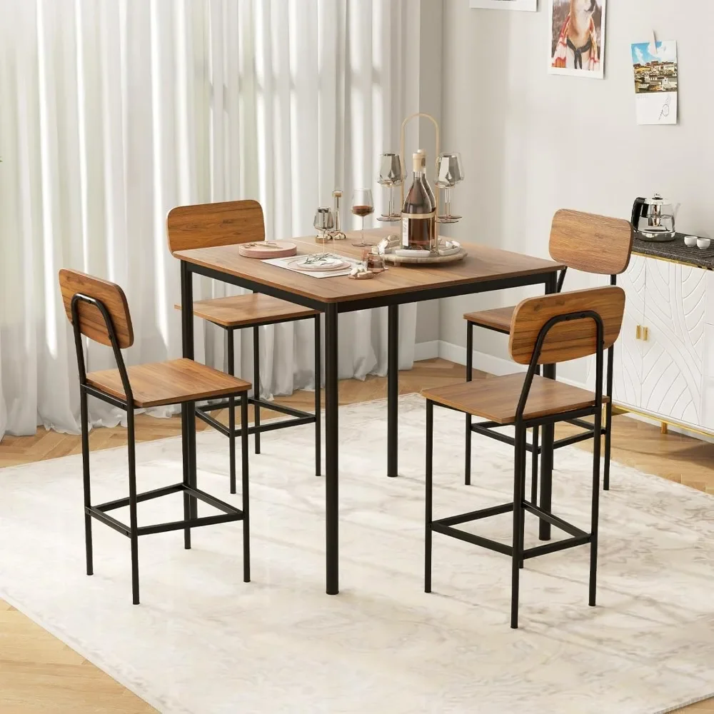 5-Piece Dining Table Set W/Counter Height Table&4 Bar Stools, Industrial Kitchen Dining Table Set W/Footrest & Backrest,(Walnut)