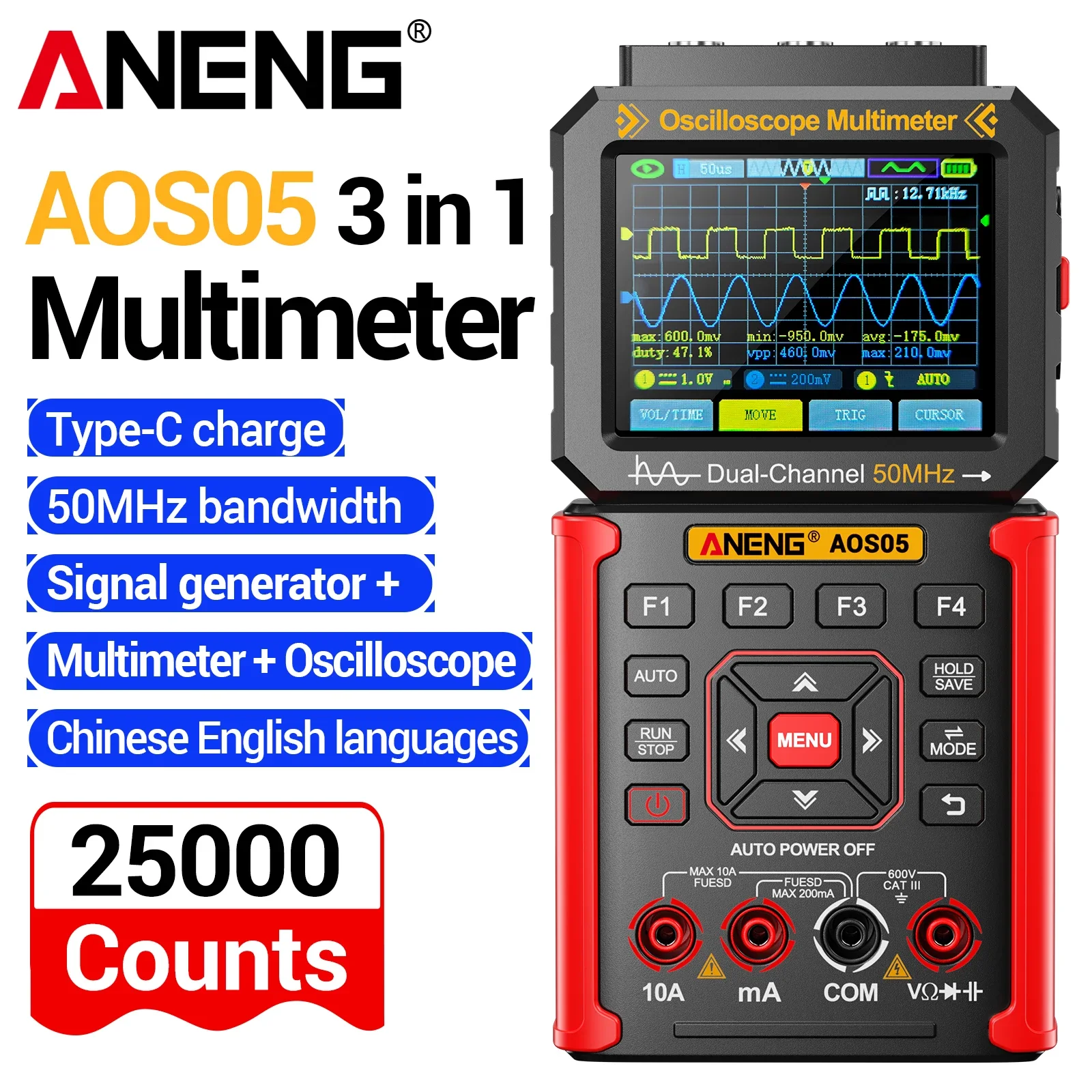 ANENG 3-in-1 oscilloscope multimeter signal generator 50MHz bandwidth 200MSa/s sampling rate supports multi waveform output