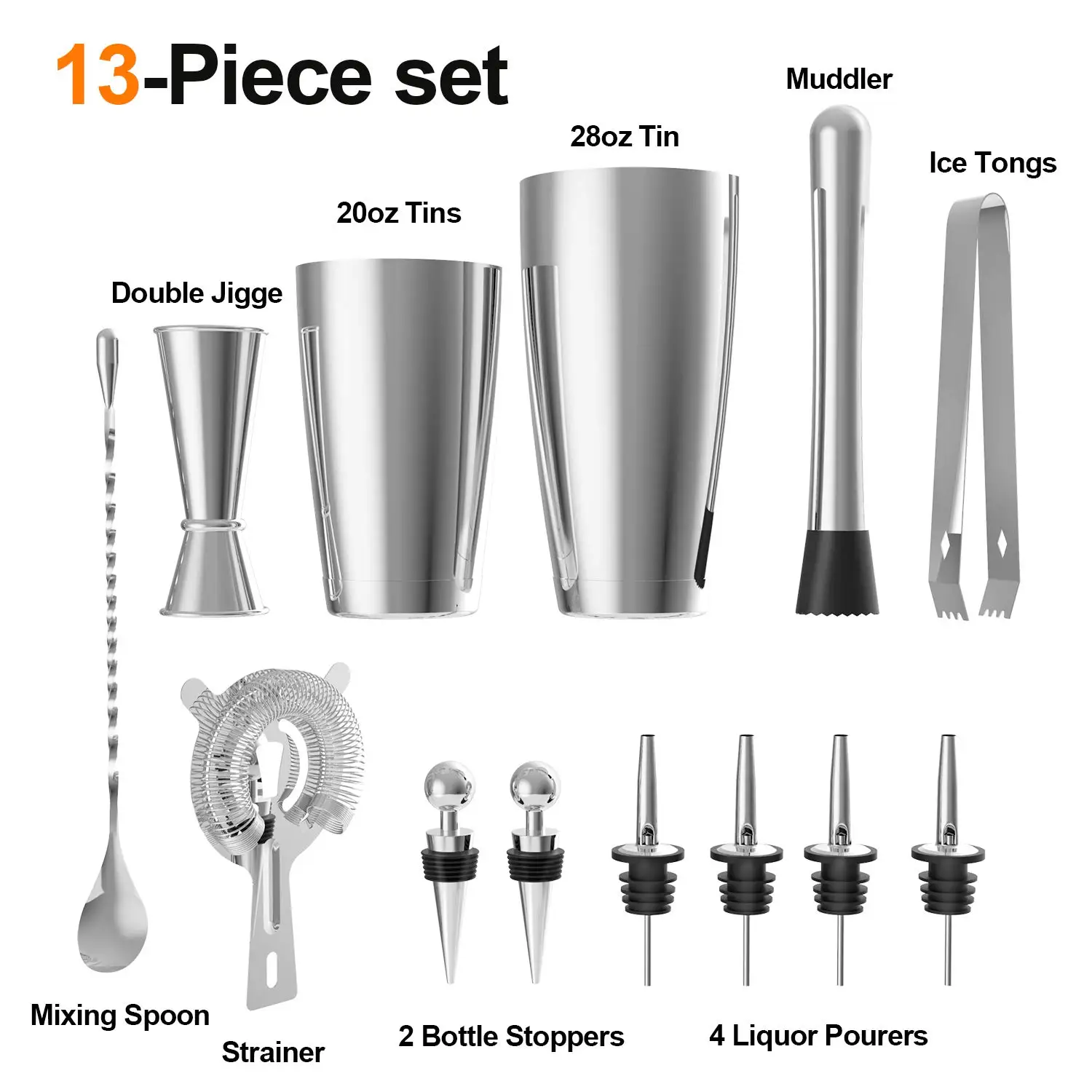 Stainless Steel Boston Cocktail Shaker Bar Set Tools with 28Oz/20Oz Shaker Tins Measuring Jigger Mixing Spoon Liquor Pourers