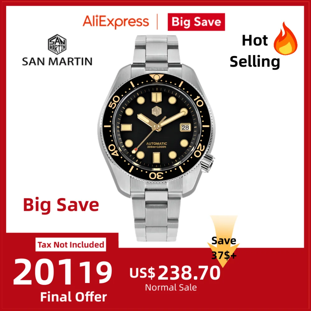 

San Martin 44mm MM300 Black Turtle NH35 Men's Watch Mechanical Vintage Sapphire Date Window Gilt Dial 30Bar Reloj Hombre SN0087