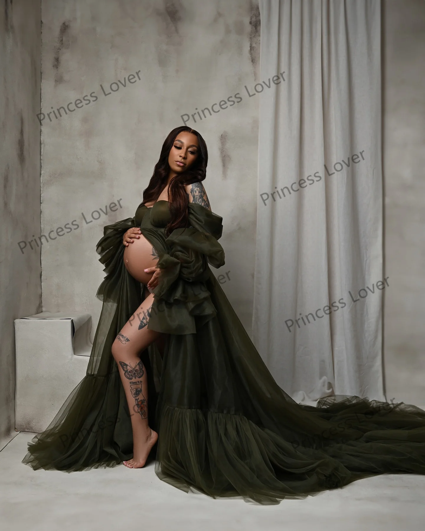 2024 Prom Dresses Women Full Sleeves Maxi Gown Tulle Pregnancy Baby Shower Dress with Slit Photography Vestido de Novia