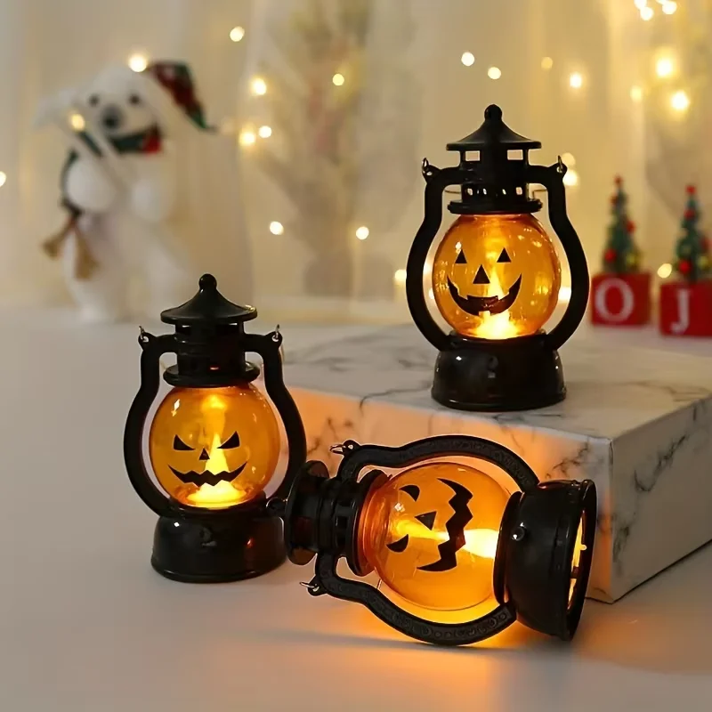 Halloween Appeso Zucca Lanterna Luce LED Fantasma Lampada a lume di candela Retro Piccola lampada a olio Festa di Halloween Decorazioni per la casa Puntelli horror