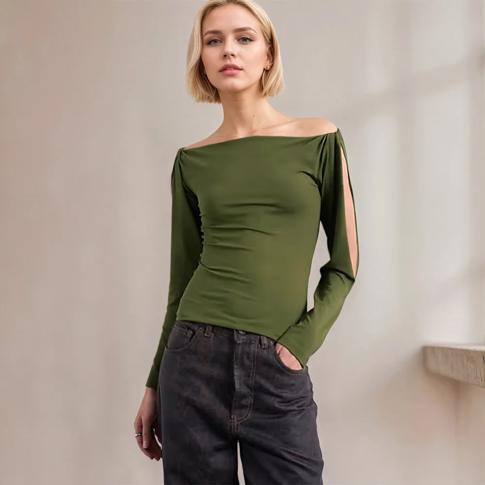 Women Off Shoulder Long Sleeve Knit Top Hollow Twist Cuff Design Slim Fit Tops