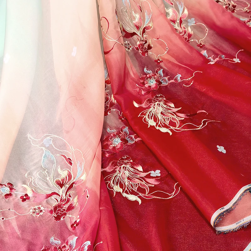 100*150cm Koi Lotus Embroidery Fabric For Sewing Ancient Hanfu Dress Horse Face Skirts Stage Costume Chinese Designer Fabric