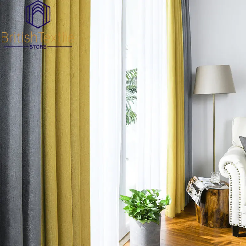 Nordic Curtains for Living Dining Room Bedroom Solid Color Engineering Meteor Hemp Patchwork Design Yellow Gray Window Tulle