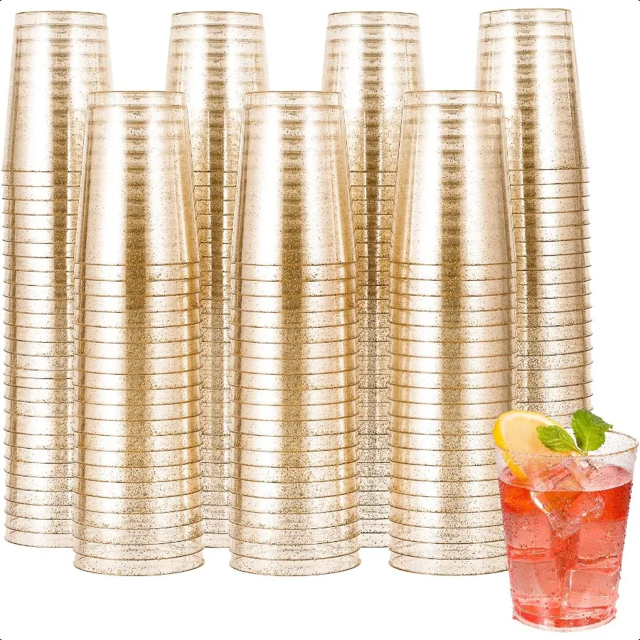 

200 Pack 10 oz Gold Plastic Cups Gold Glitter Plastic Cups Clear Tumblers for Weddings Thanksgiving Christmas Parties