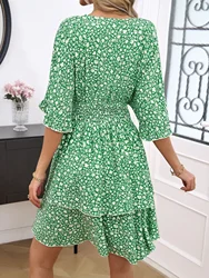 Vestido de playa de retazos de cintura alta, de línea a vestido de verano, cuello redondo, estampado con cordones, elegante, manga corta