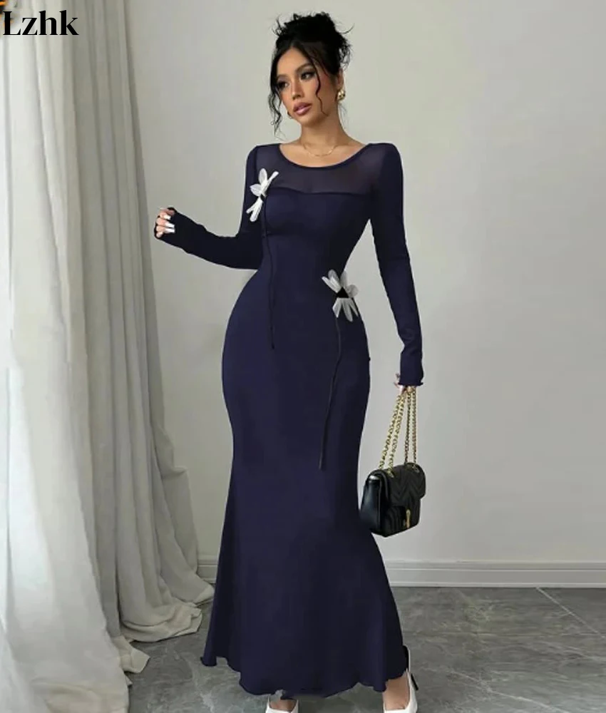 Customized High Quality Jersey Mermaid 3D Flowers Evening Dress Temperament O-neck Long Sleeves Ankle Length Celebrity Gowns