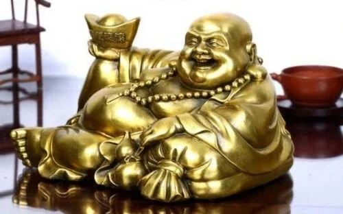 Collection Chinese Brass Carved Yuan Bao Wealth Gourd Purse Toad Happy Laugh Maitreya Buddha Statue Exquisite Small Statues