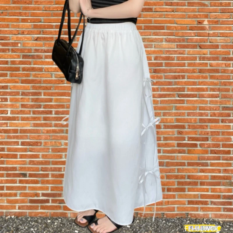 

Bow Tie Cross Criss Skirts Cute Sweet Girls Japan Korea Design Elastic High Waist A Line Pure White Long Skirts