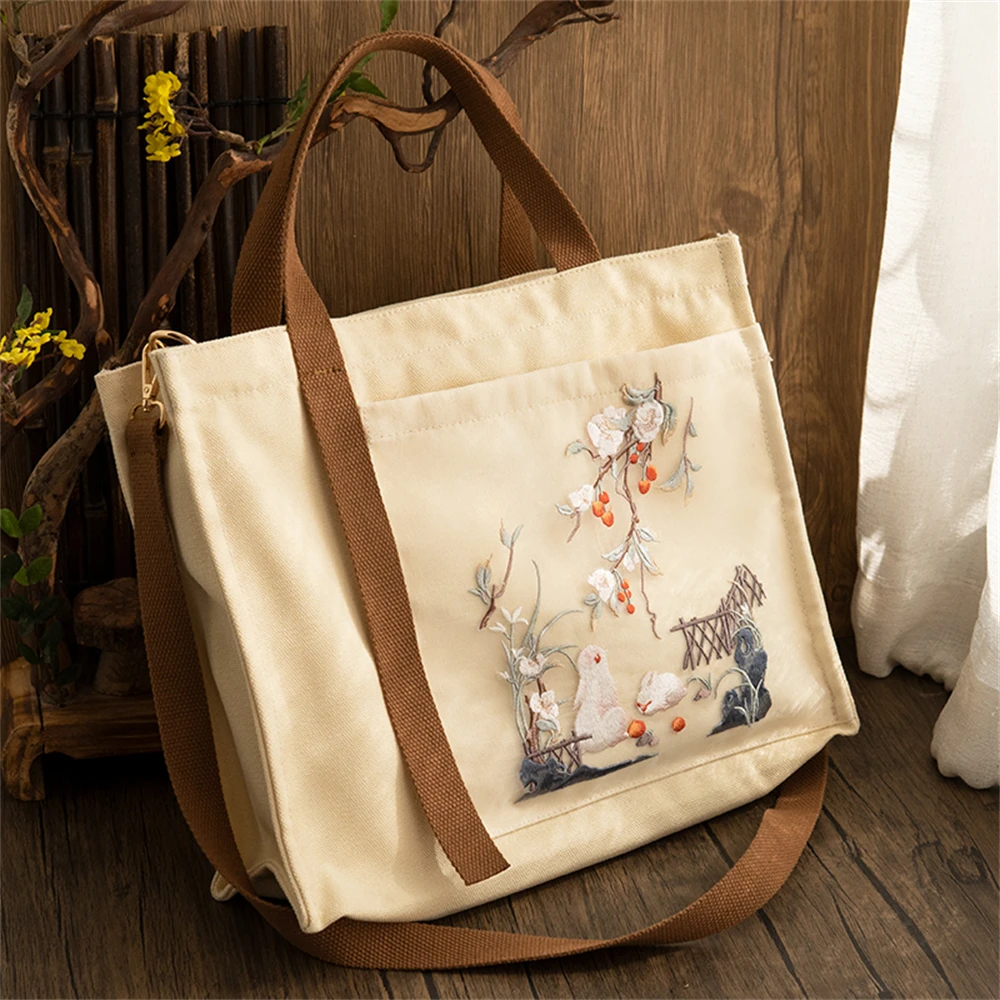 1pcs New Chinese Ancient Style Tote Shoulder Bag Hanfu Satchel Canvas Embroidery Large-capacity Handbag Zipper Crossbody Gift