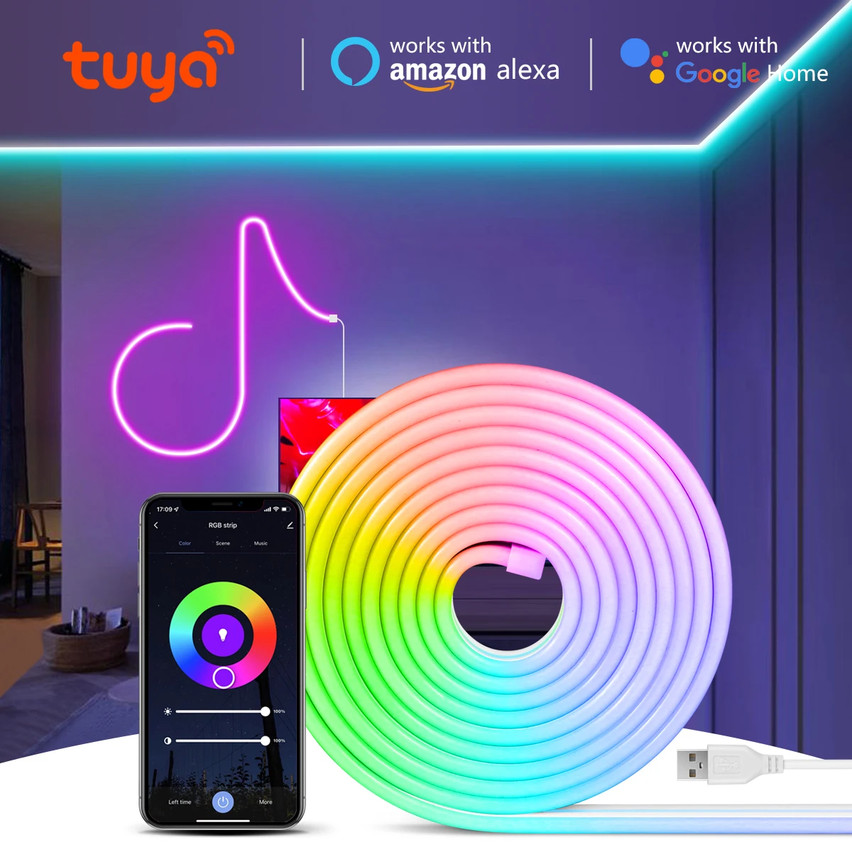 

Умная светодиодная лента USB 5 В RGB, неоновая лента Wi-Fi/Bluetooth с управлением через приложение Tuya, голосовое управление для Alexa Google Home, синхронизация музыки