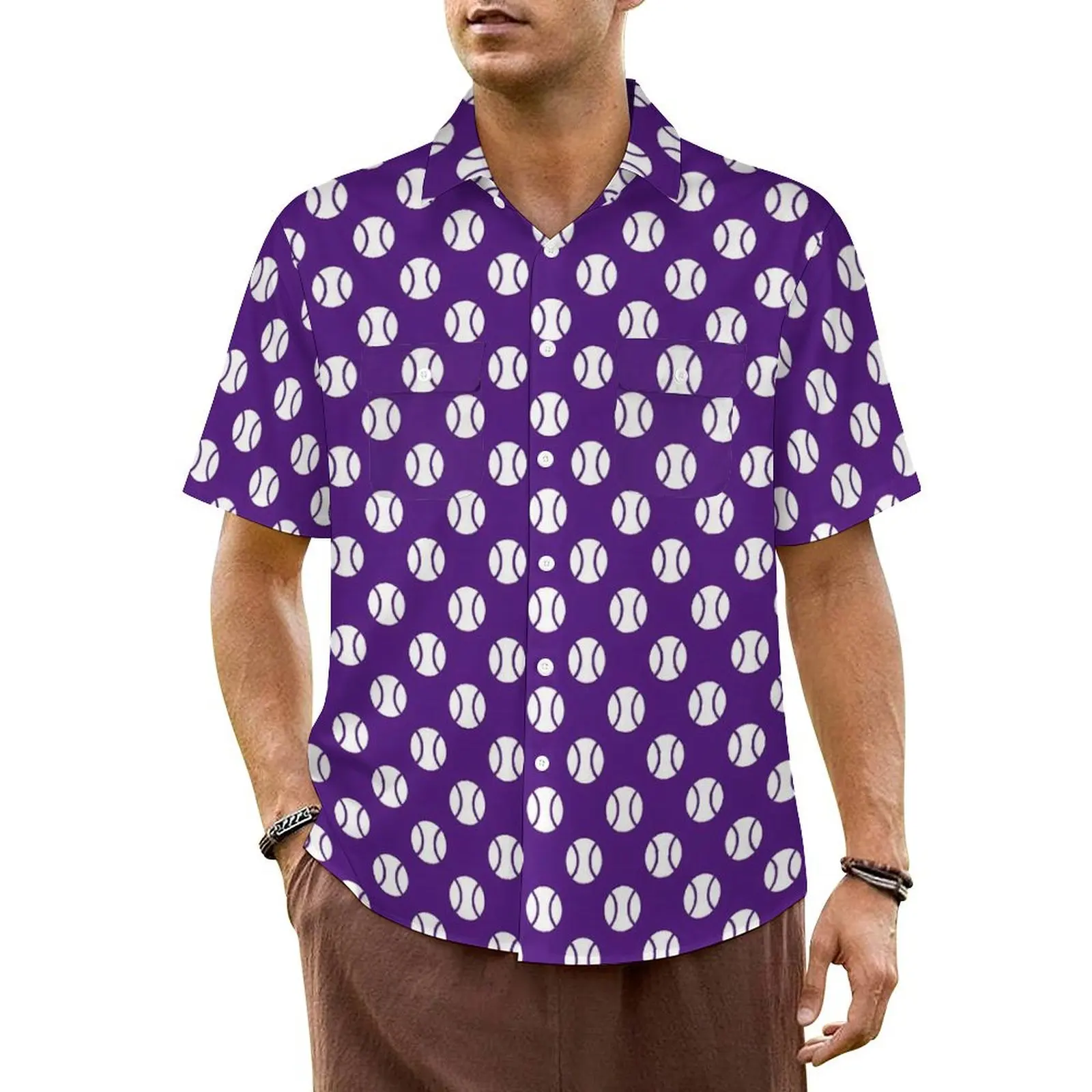 Ball Print Vacation Shirt Cute Purple Tennis Hawaiian Casual Shirts Men Novelty Blouses Short Sleeve Y2K Fashion Custom Clothes