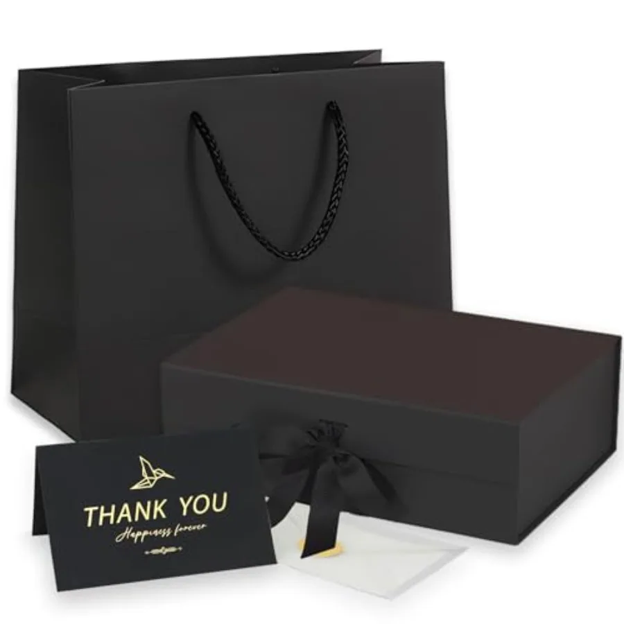 

Medium Black Gift Box with Lid, Ribbon, Gift Bag and Greeting Card, 9.4x7x3 Inches, Magnetic Closure, Great for Birthdays, Wedd