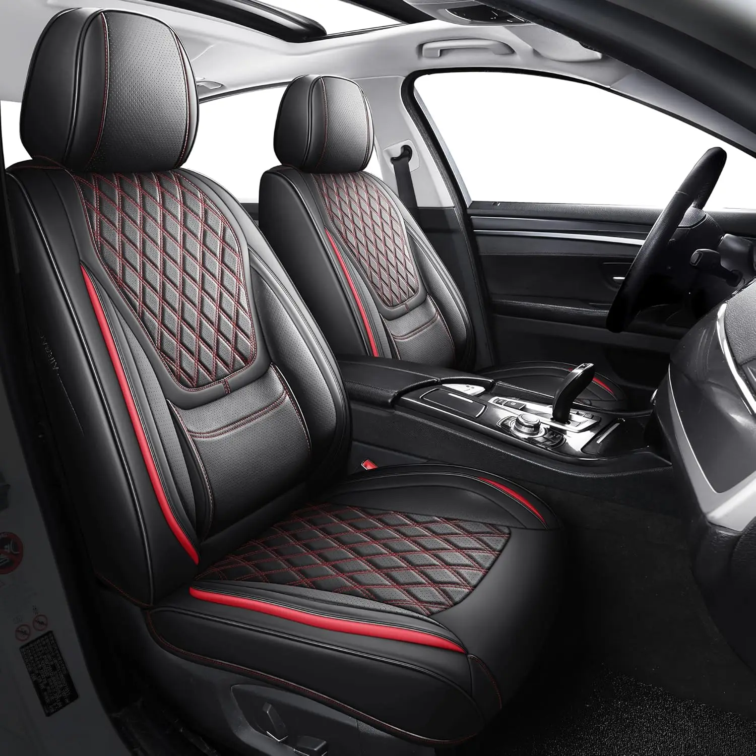 

Universal Car Seat Covers for Multiple Models, Waterproof Leather, Black-Red, Full Coverage