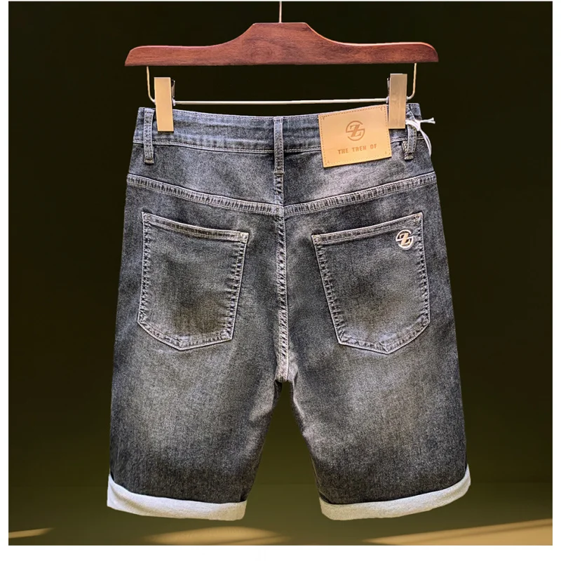 

Summer elastic casual shorts for men, flowing wash retro high-end embroidered straight leg denim five quarter pants