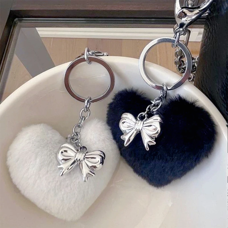 Y2k Plush Love Key Chain Sweet Cool Bowknot Pendant Car Key Ring Backpack Charms Bag Decor Accessories