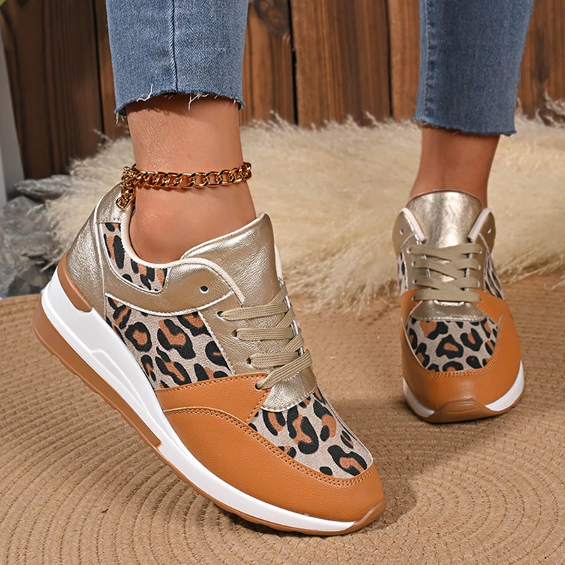 Leopard Wedge Sneakers Women Spring 2025 Chunky Platform Lace Up Vulcanized Shoes Woman Plus Size 43 Casual Shoes Trainers Mujer