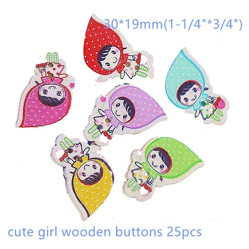 25 PCS Mixed Colorful Wooden Buttons Set for Girls Craft Sewing Scrapbooking Decorative Kids Lovely Button Accessories