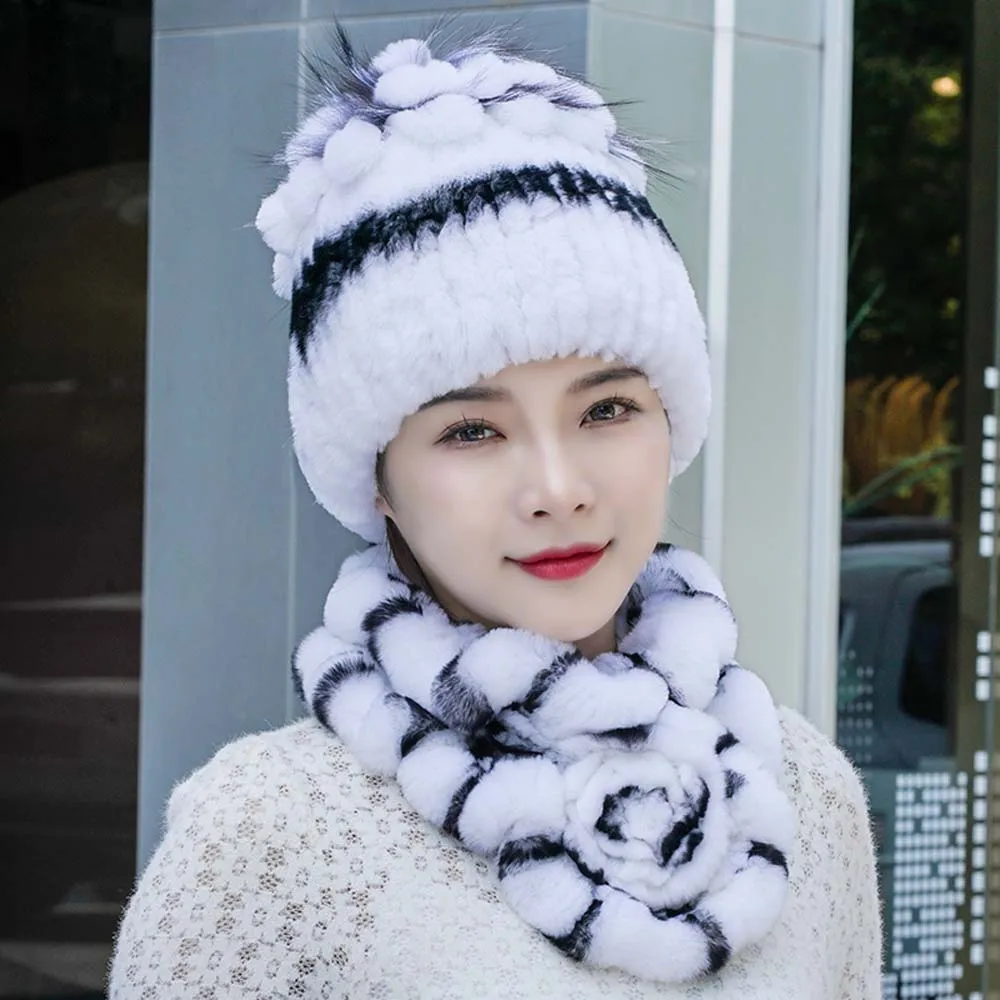 ชุดหมวกไหมพรมขนกระต่ายเร็กซ์ 2 ชิ้น ผ้าพันคอขนกระต่ายเร็กซ์ธรรมชาติ สำหรับผู้หญิง สไตล์ใหม่ ปี 2025 อุ่นสบายสำหรับฤดูหนาว