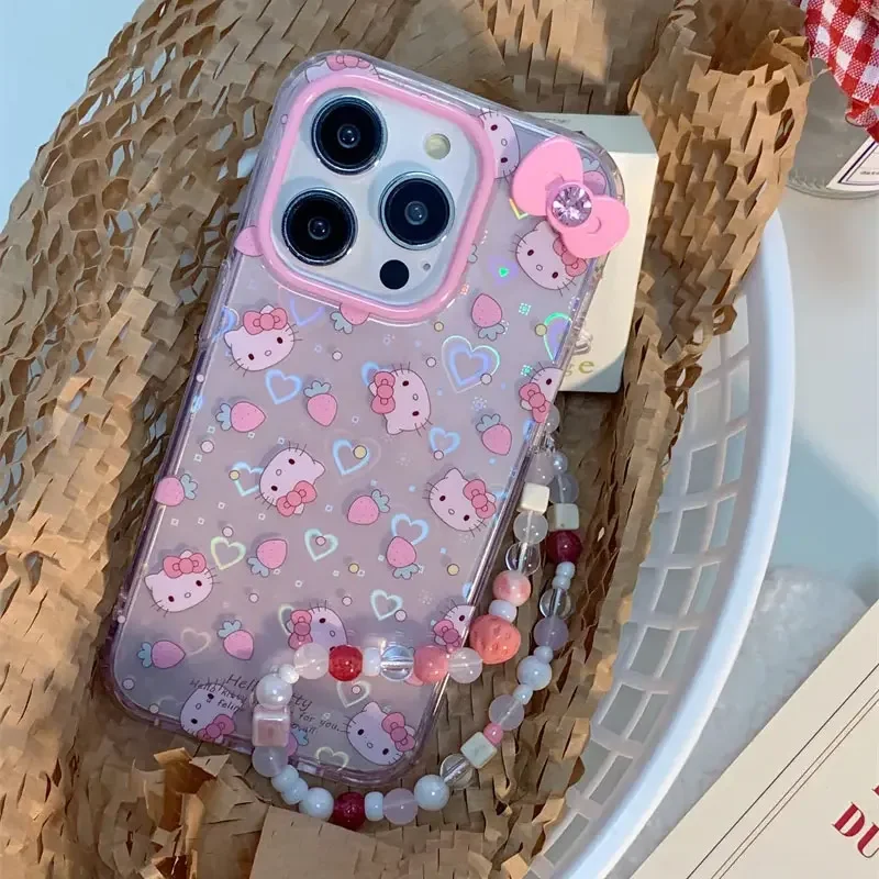 Sanrio-funda de teléfono con soporte de Hello Kitty para iPhone, carcasa con lazo láser para iPhone 16, 15, 14, 12, 13, 11 Pro Max, XR, XS MAX, 7, 8 PLUS, MINI Y2K