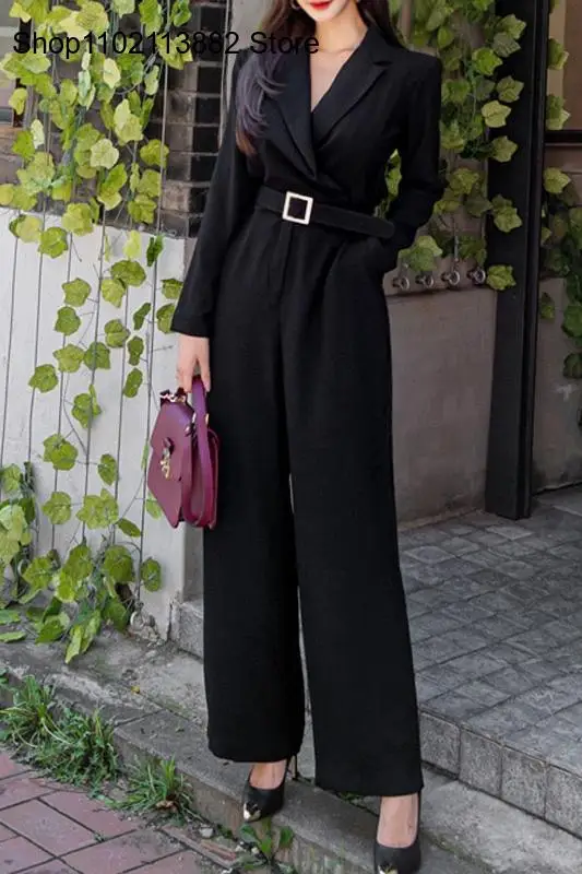Autumn and Winter Socialite Temperament Suit Collar Straight Leg Pants Cinched Waist Jumpsuit for Women