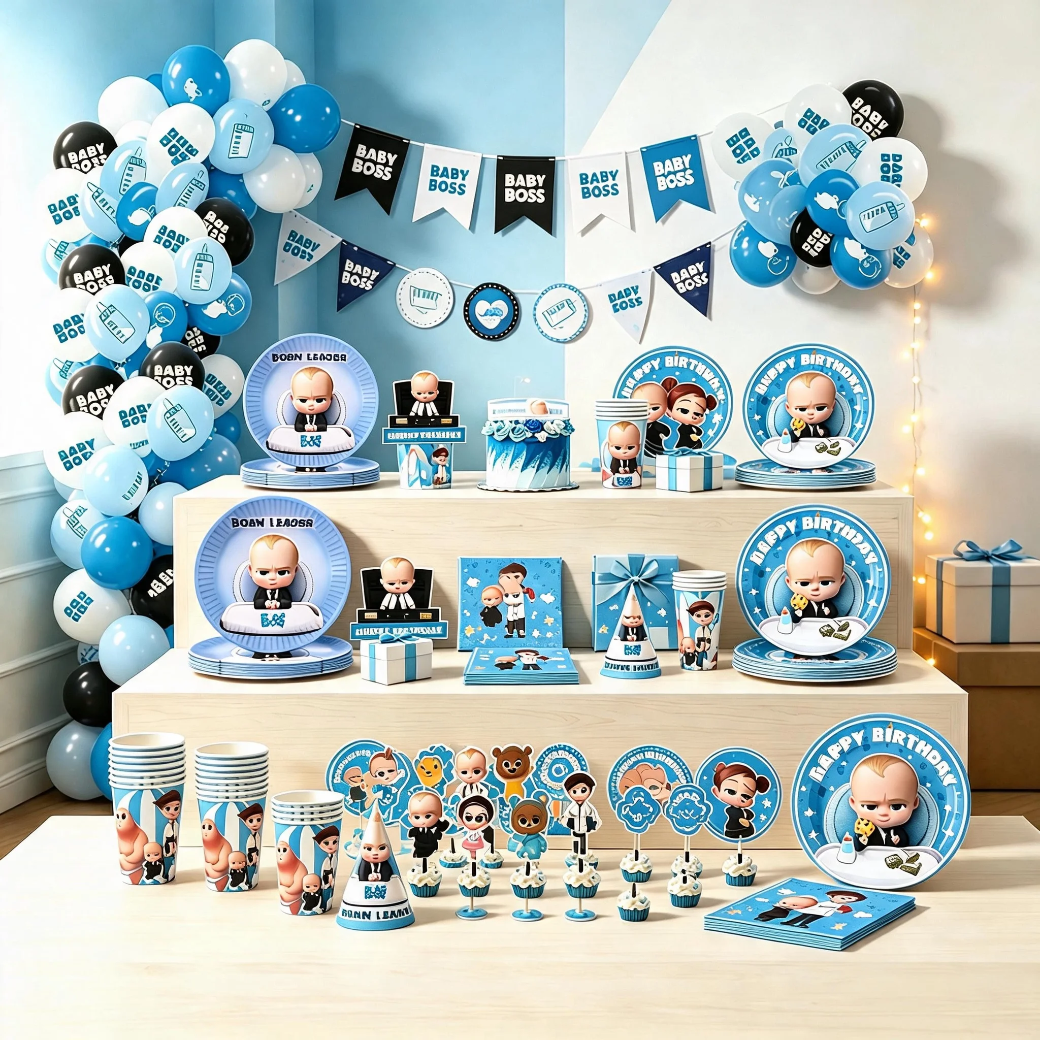 Little Boss Blaues Thema Geburtstagsparty-Zubehör Baby B-BOSSED Einwegteller Becher Servietten Banner Ballons Babyparty-Dekoration