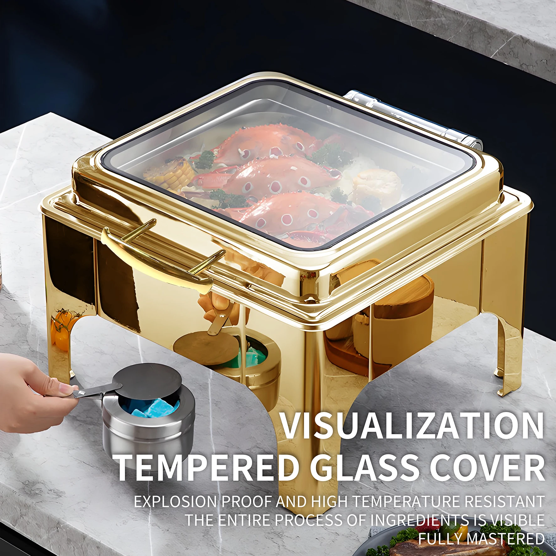 forYITIAN Square Gold Stainless Steel Luxury Special Price Buffet Stove Chafing Dish Dome Soup Food Warmer Set With Big