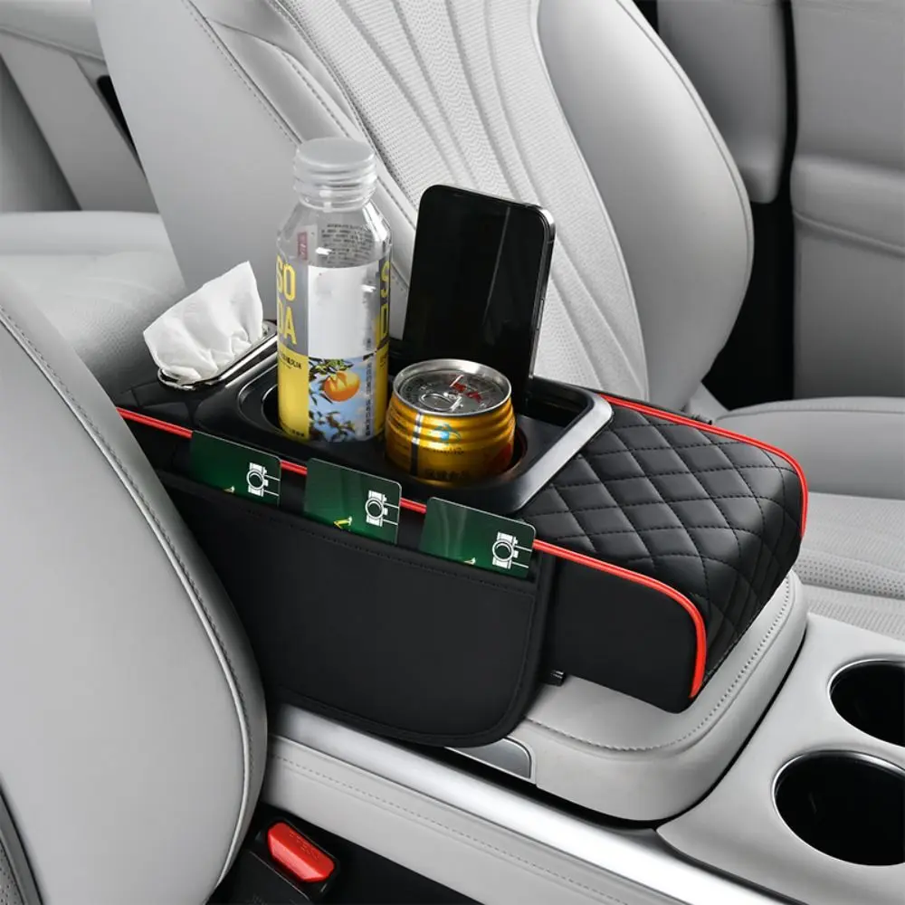 

Portable Center Console Armrest Cushion Multifunctional PU Leather Armrest Pad Height Increasing with Cup Holder Tissue Box