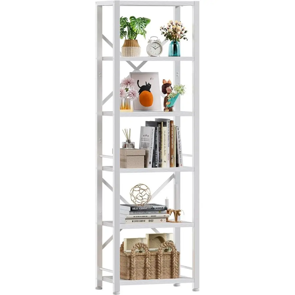 

Tall Bookshel, Narrow Bookcase with 6 Shelves, Freestanding Shel Units, Metal and Wood Display Storage Rack Organizer for Living