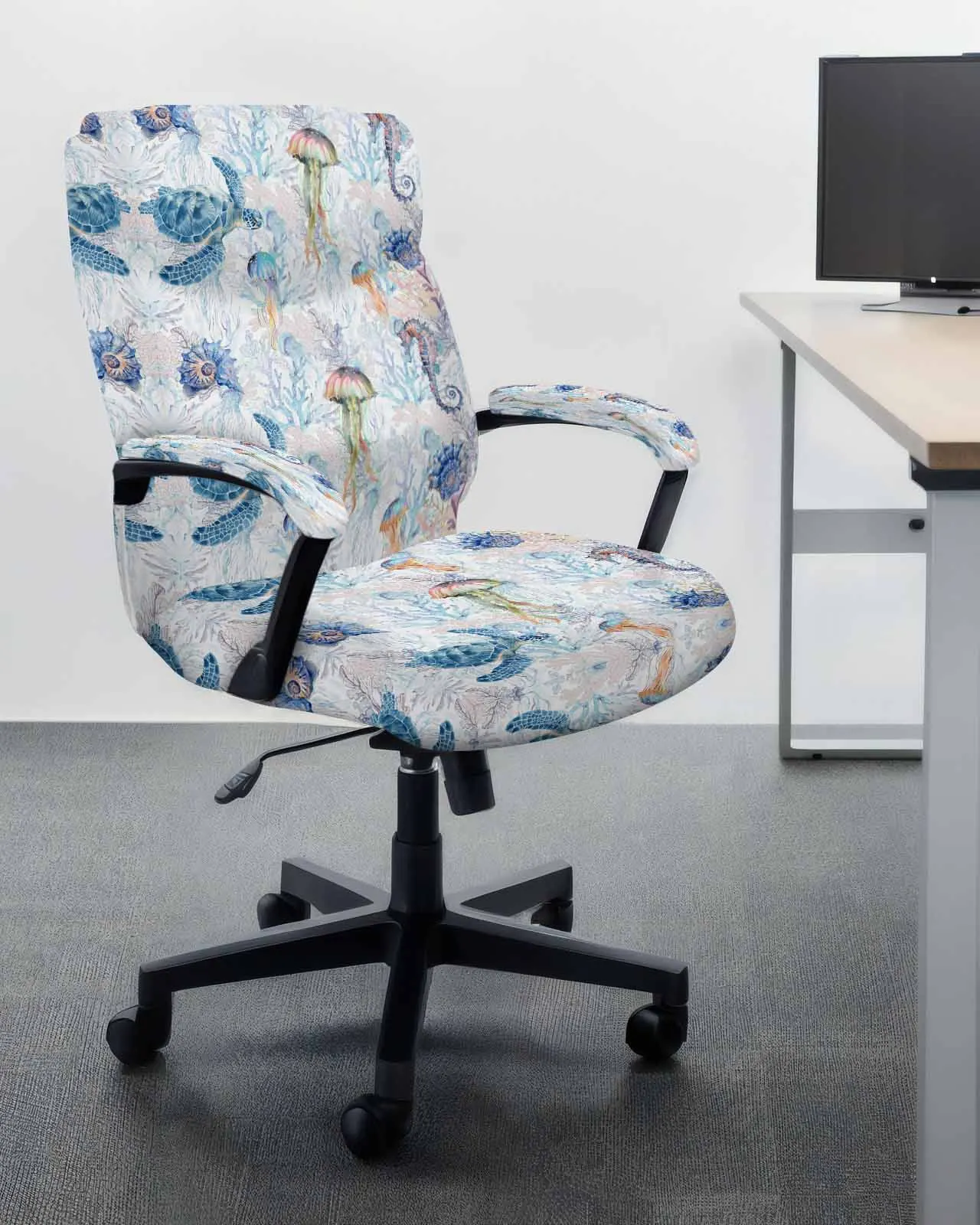 Marine Sea Turtle Jellyfish Seahorse Conch Coral Elastic Office Chair Cover Gaming Computer Chair Armchair Protector Seat Covers