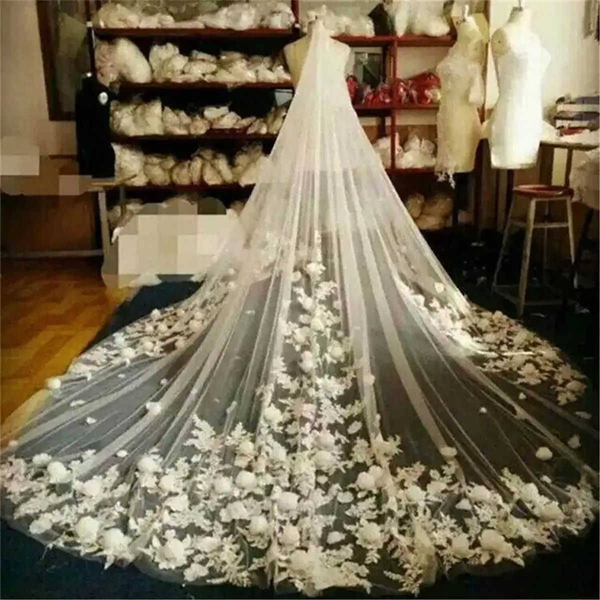 3D Floral Flowers Wedding Veil One Layer Tulle Vestido De Noiva White Custom Made Elegant Bridal Wraps With Comb