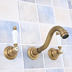 Retro Vintage Antique Brass Two Handle Wall Mount 3 Hole Widespread Bathroom Lavatory Vessel Basin Faucet Sink Mixer Tap dsf532