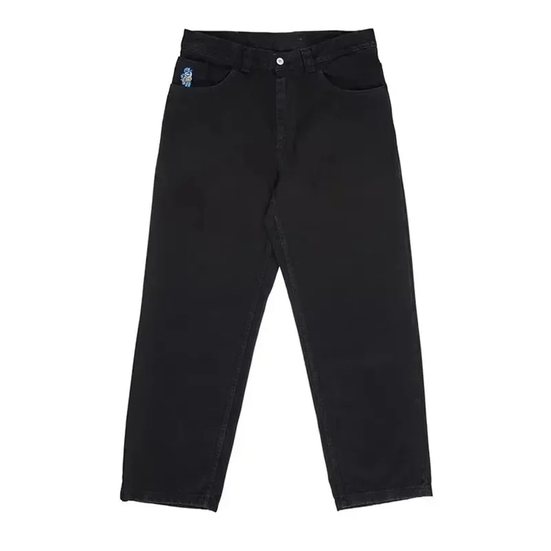 Ricamo grafico Jeans larghi Jeans da ragazzo grande Y2K Hip Hop Gothic Cartoon pantaloni neri uomo donna Harajuku pantaloni larghi a vita alta