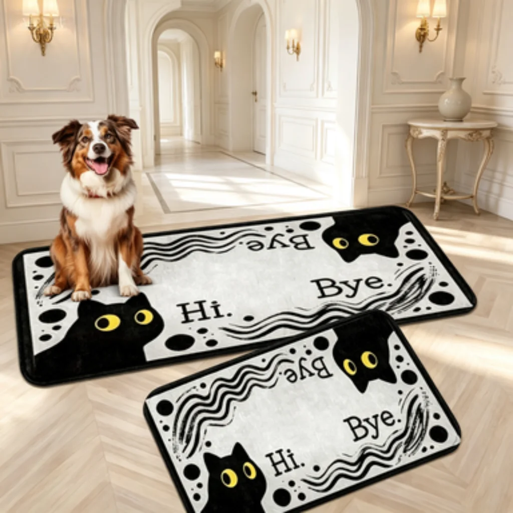 Black Cat Hi Bye Mat, Line Art Cat Greeting Mat, Sketch Cat English Runner, Minimalist Clover Cat Door Mat.