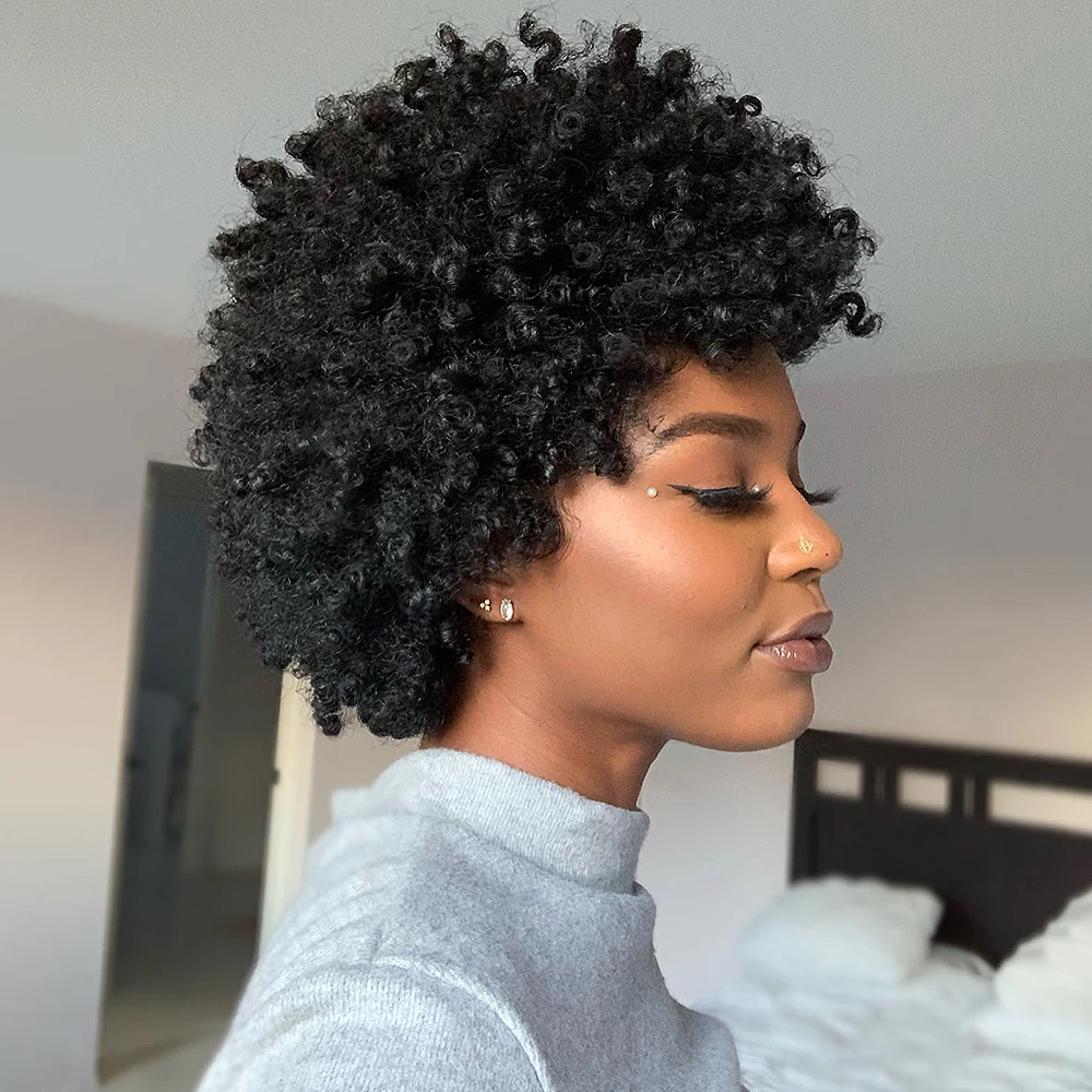 Pelucas de cabello humano brasileño para mujeres negras, pelo corto Afro rizado de Color resaltado, sin pegamento, hecho a máquina, venta al por