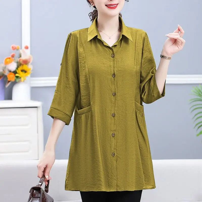 Casual Solid Color Midi Shirt Commute Single-breasted Fashion Turn-down Collar Summer 3/4 Sleeve Female Clothing Pockets Blouse