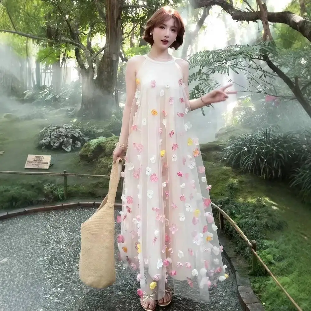 

Beach Beautiful Sleeveless Neck Hanging Dress Women's New Spring Fairy Handsome Floral 3D Morning Robe Long Skirt