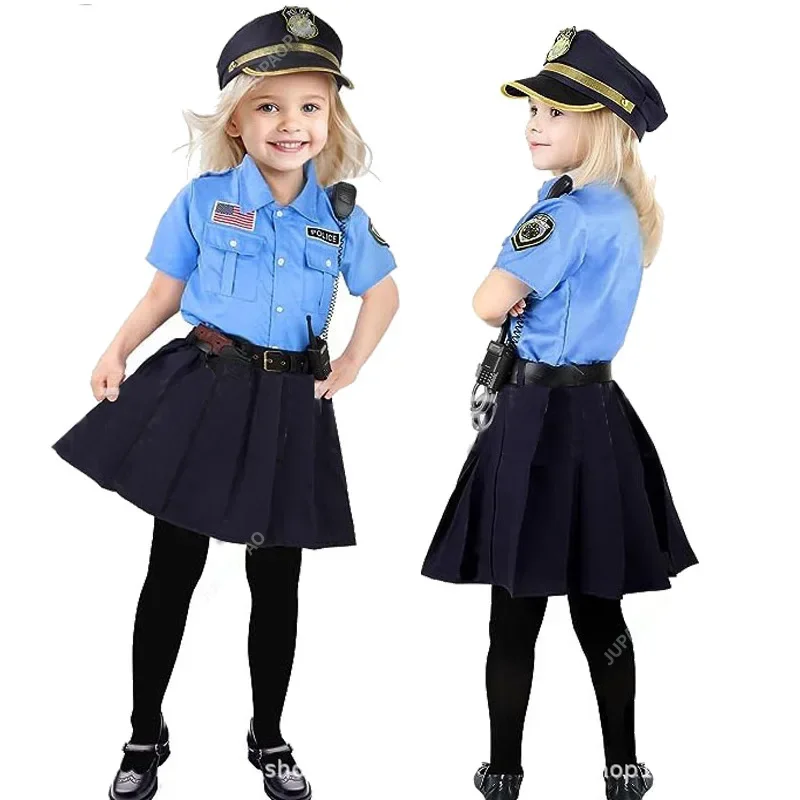 HN8 Disfraces de uniforme de oficial de policía para niños de Halloween, disfraz de vestidos de policía azules para niña para fiesta de Navidad) 4Dc