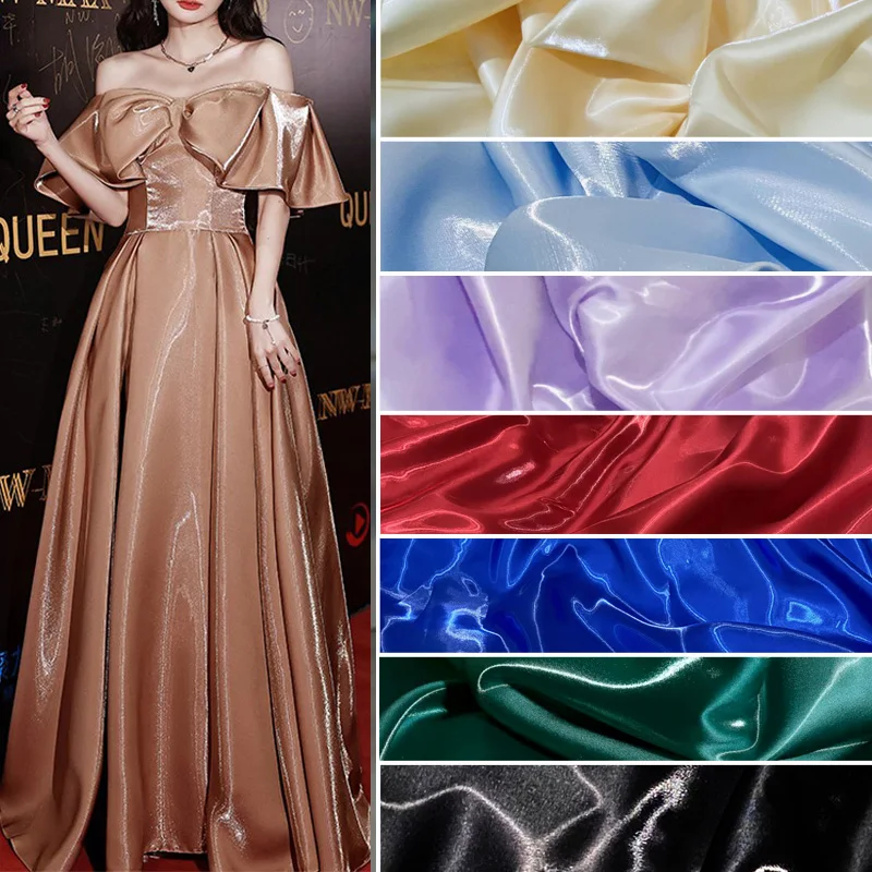 

New Luxury Glossy Liquid Satin Metallic Fabric Luxury Crystal Silk Satin Wedding Dress Decoration Clothing Designer Material Tex